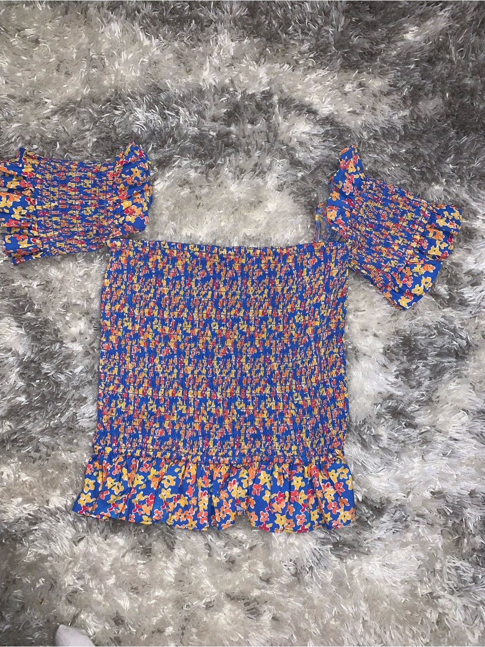 Caroline Constas Blue Floral Smocked Off-Shoulder Top